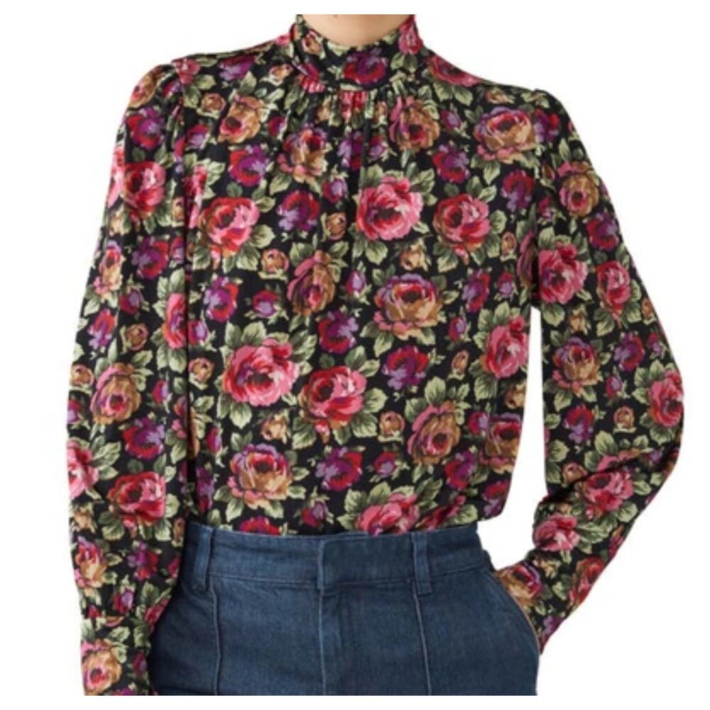 & Other Stories Black Floral Mock Neck Blouse Small